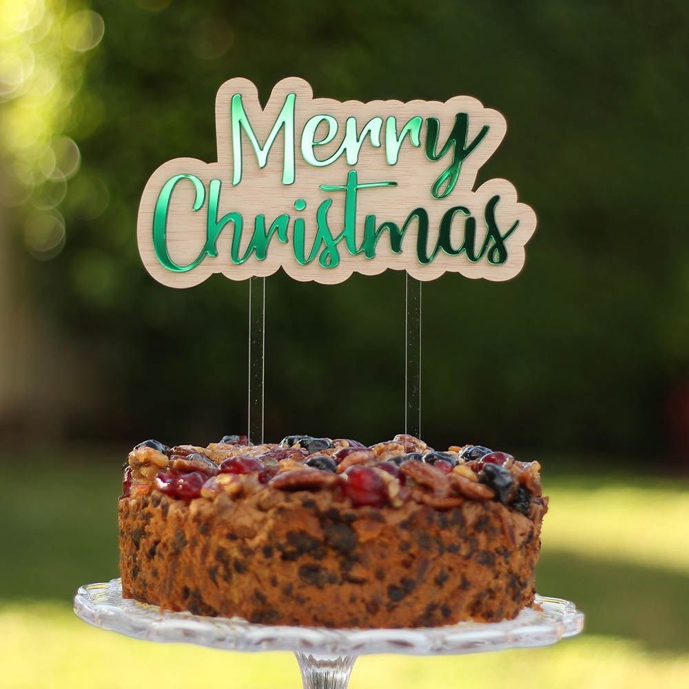 Merry Christmas Cake Topper - acrylic with wood backing