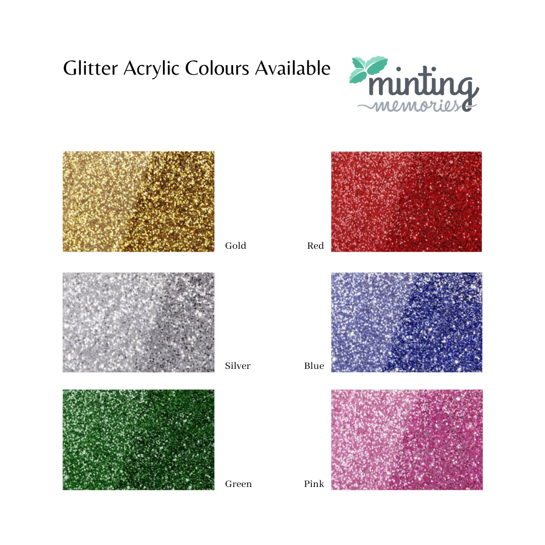 a graphic that shows the glitter acrylic colours available at Minting Memories