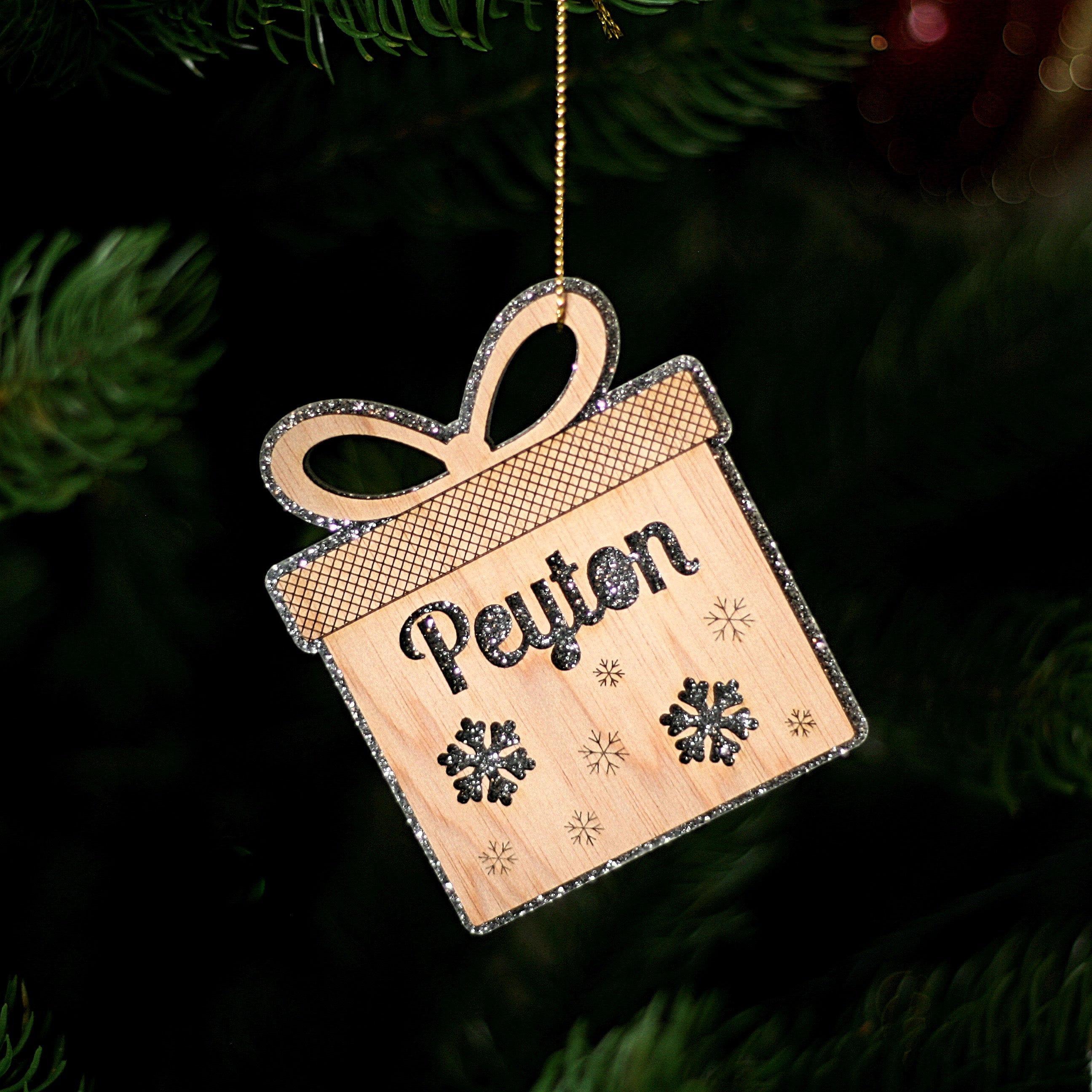 Set of 6 Personalised Glitter and Wood Christmas Ornaments