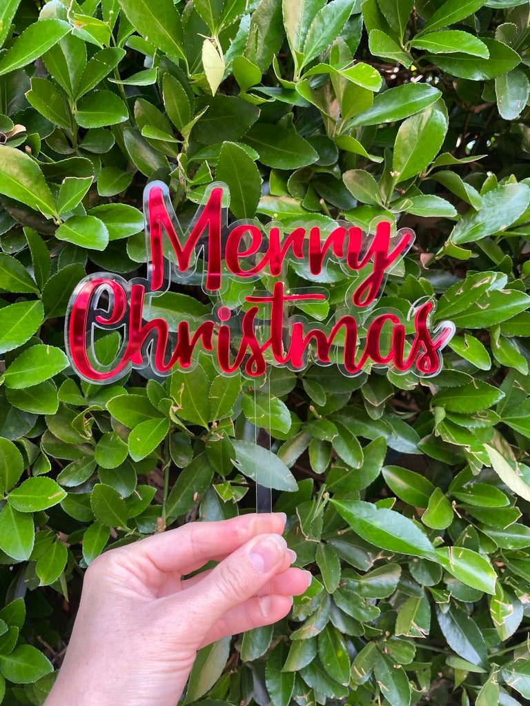 Merry Christmas Cake Topper - Mirror Acrylic on Clear Acrylic