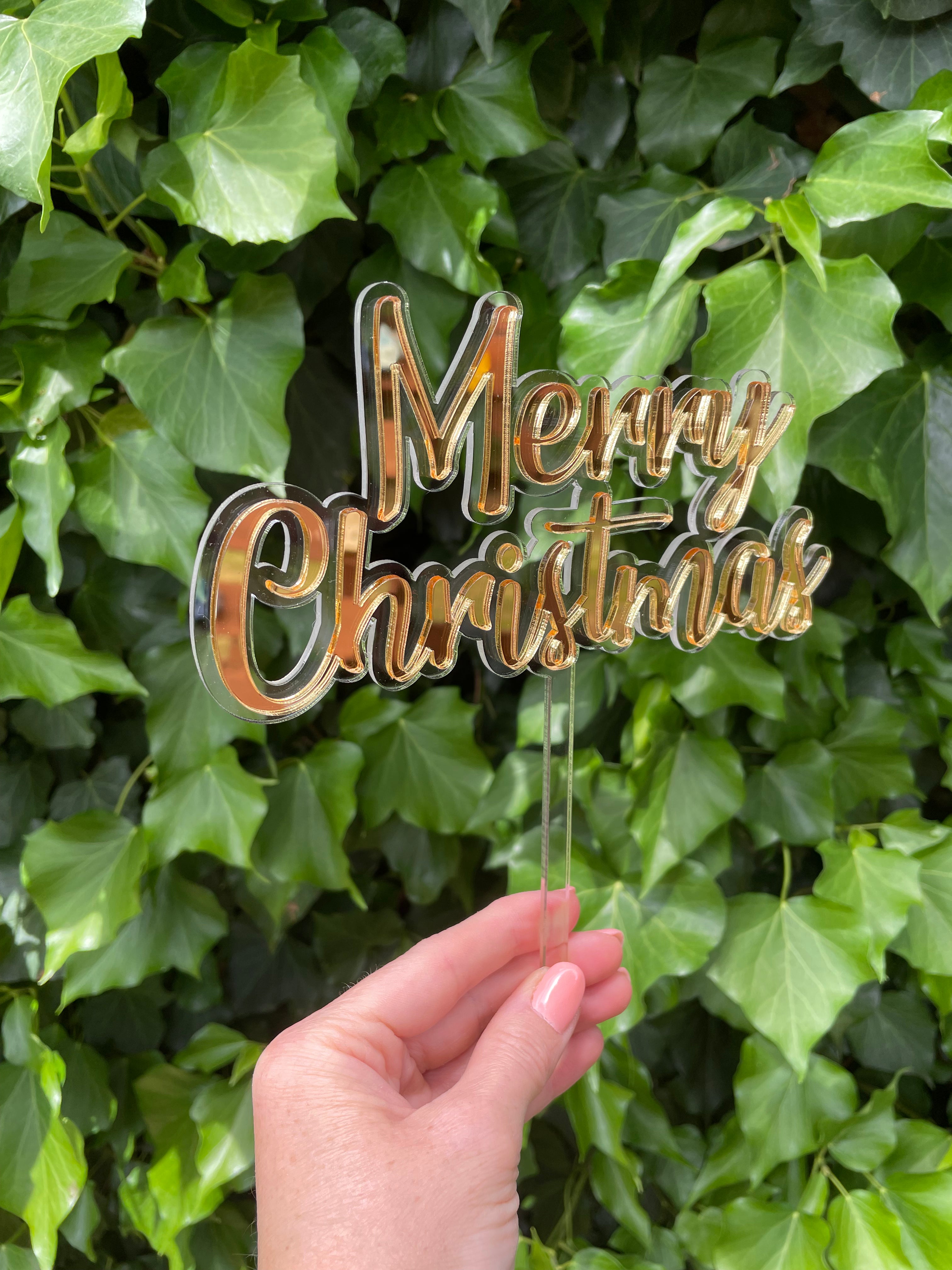 Merry Christmas Cake Topper - Mirror Acrylic on Clear Acrylic