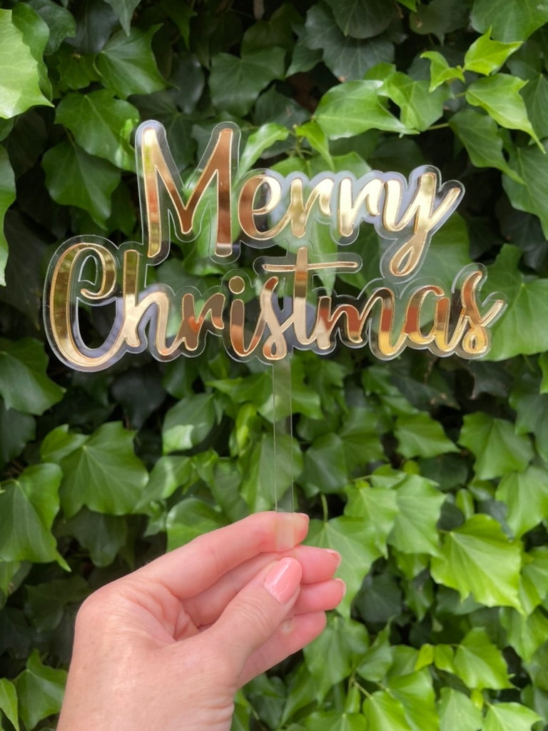 Merry Christmas Cake Topper - Mirror Acrylic on Clear Acrylic