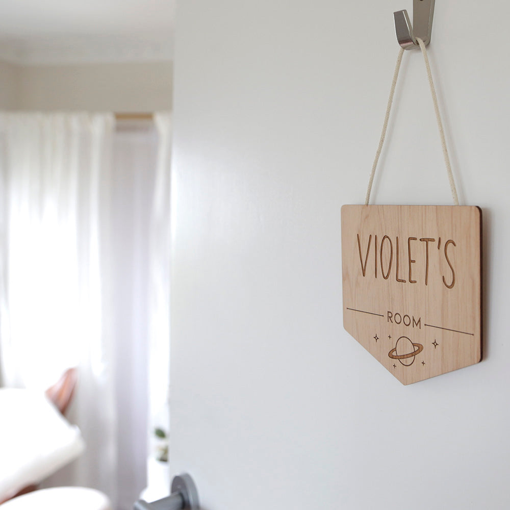 wooden hanging bedroom door sign