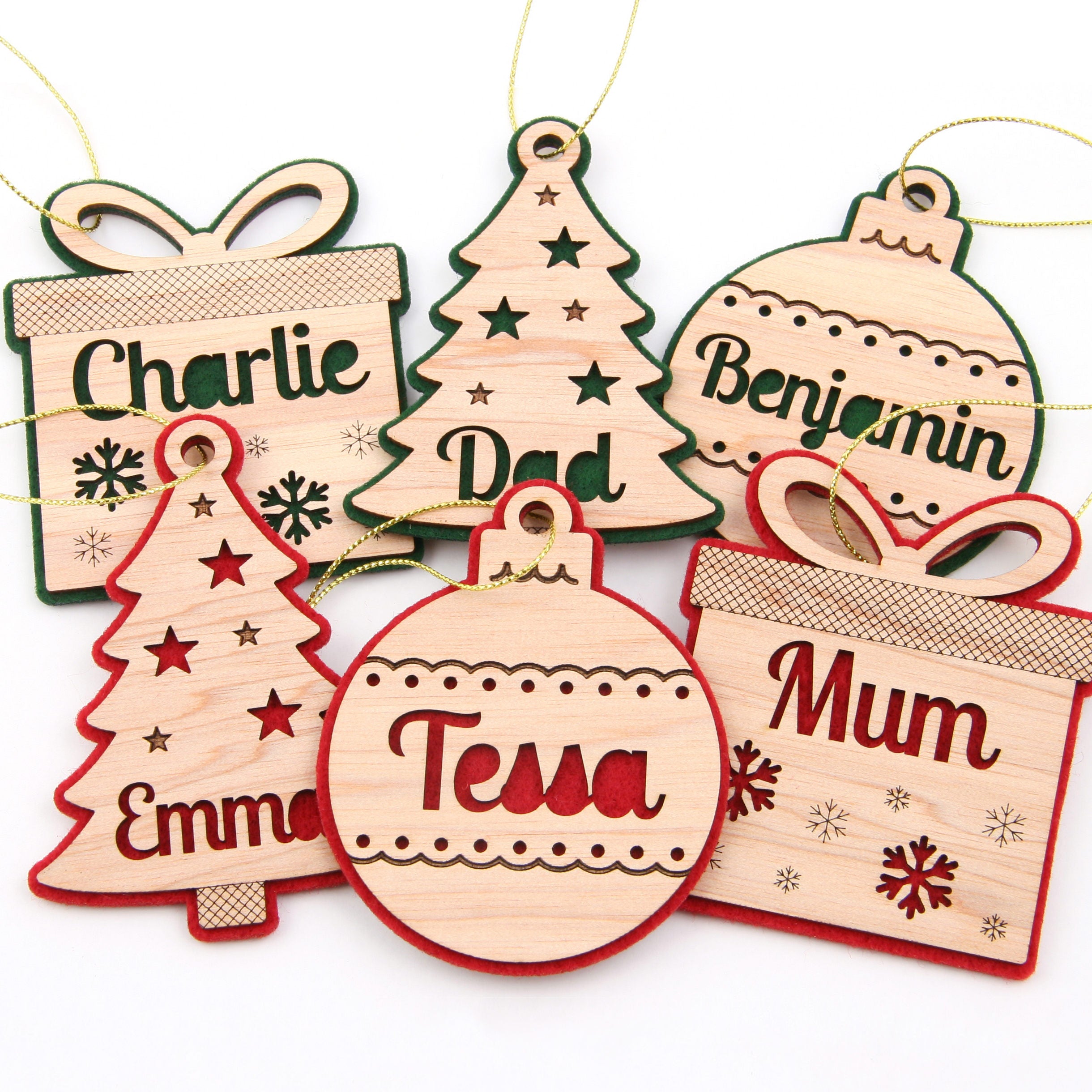 Set of 6 Personalised Felt and Wood Christmas Ornaments