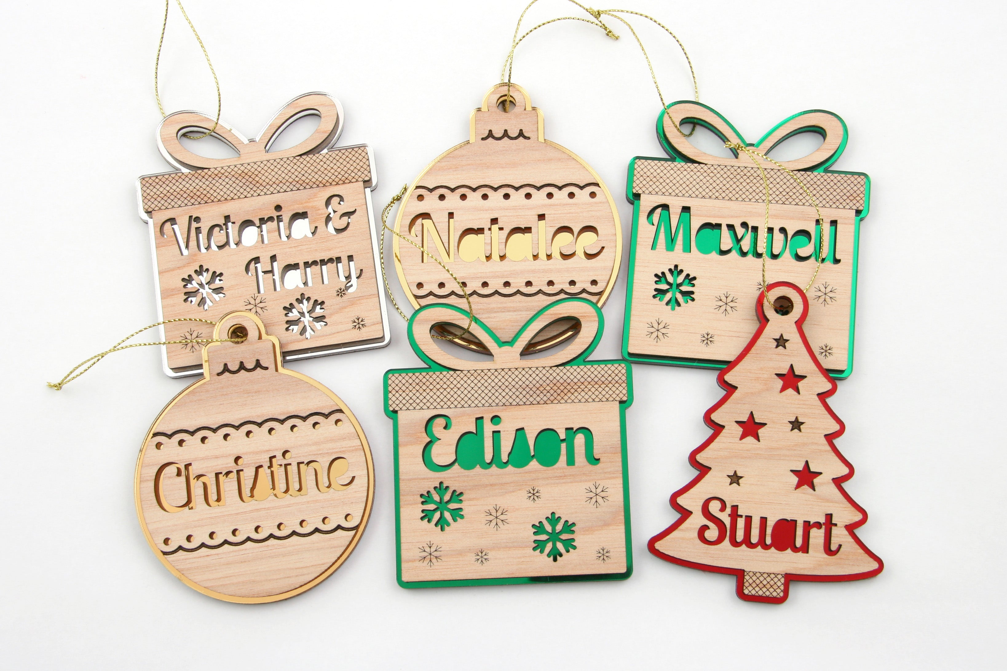 Set of 6 Personalised Mirror and Wood Christmas Ornaments