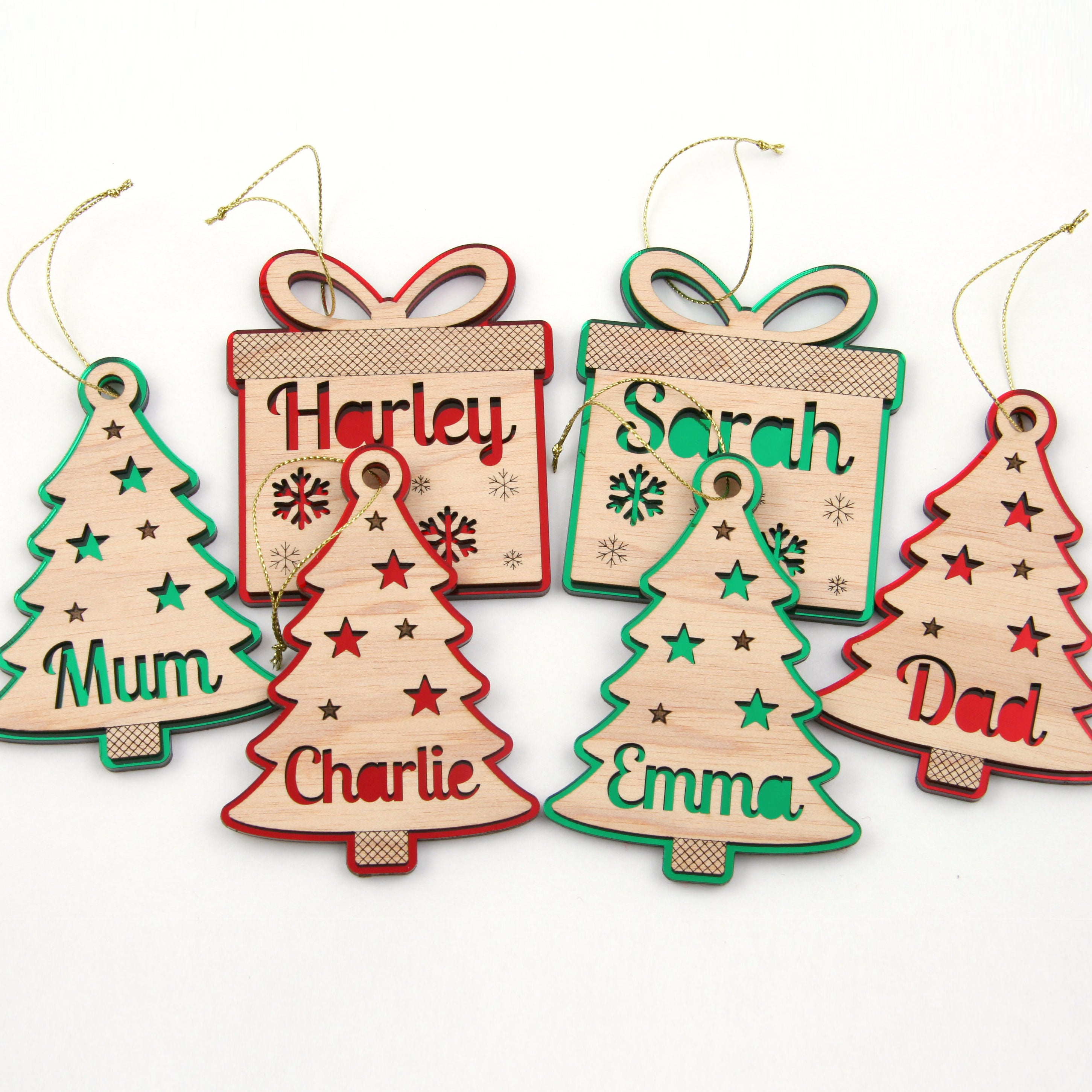 Set of 6 Personalised Mirror and Wood Christmas Ornaments