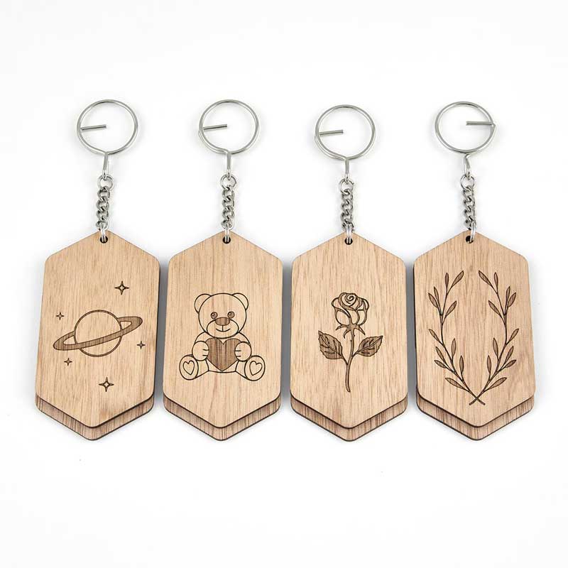 4 wooden bag id tags for kids with planet, teddy, rose and leaves design etched