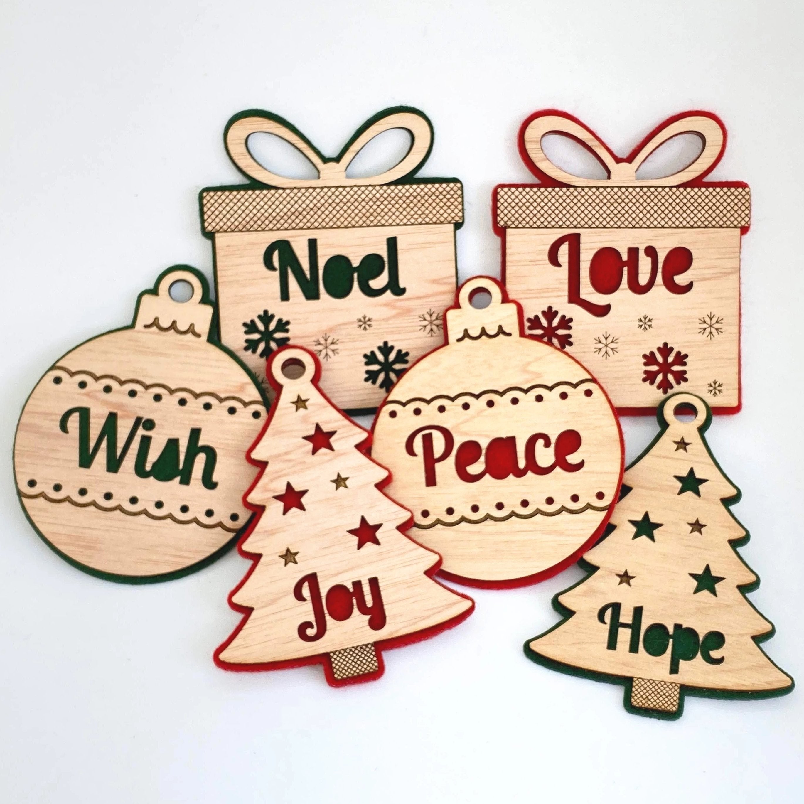 Set of 6 Felt and Wood Christmas Ornaments