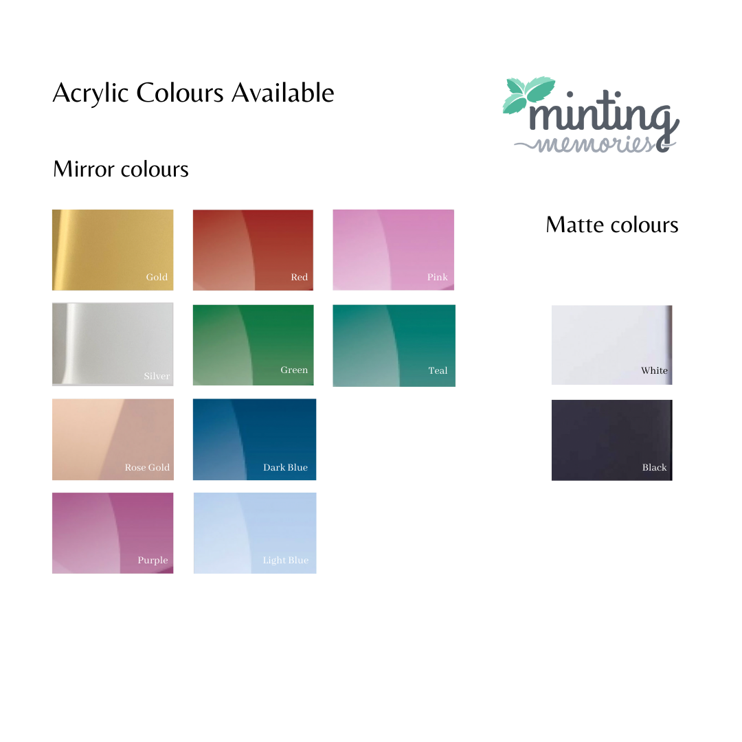 a graphic showing the mirror and matte acrylic colours available from Minting Memories