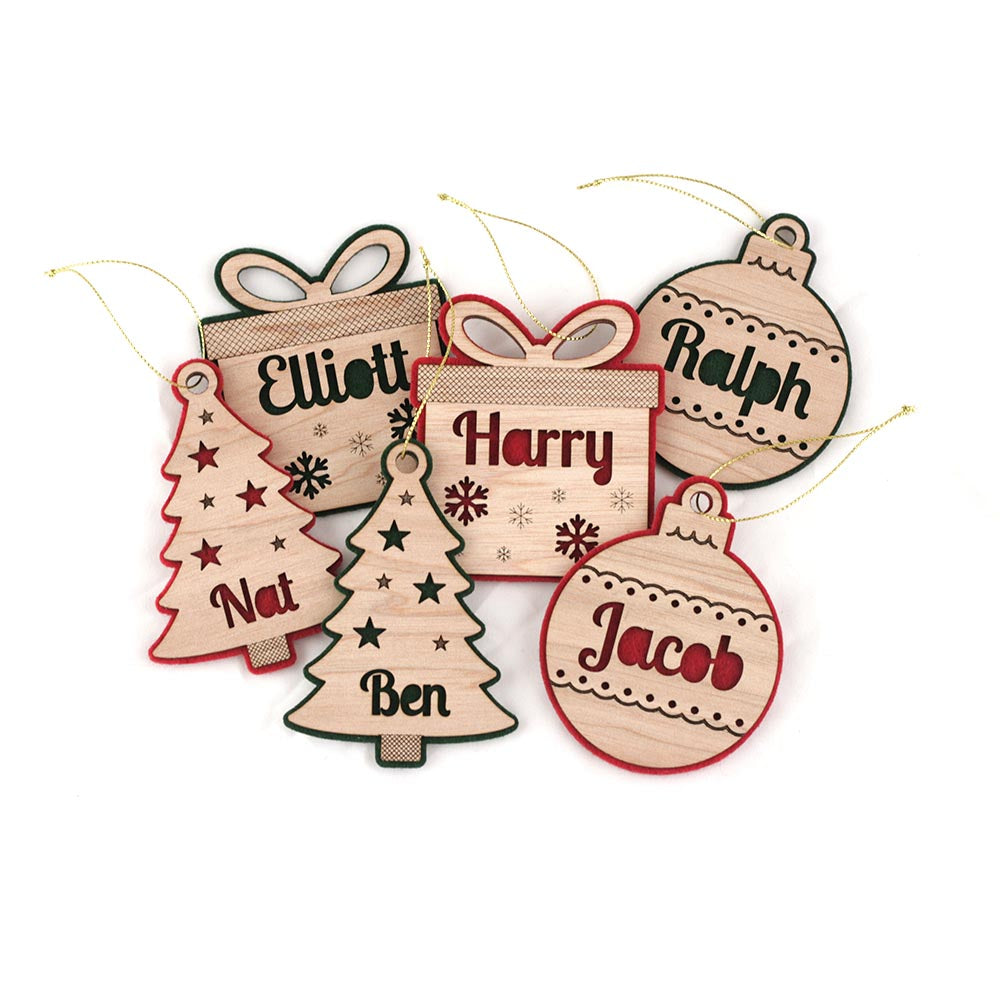 set of christmas ornaments green and red personalised