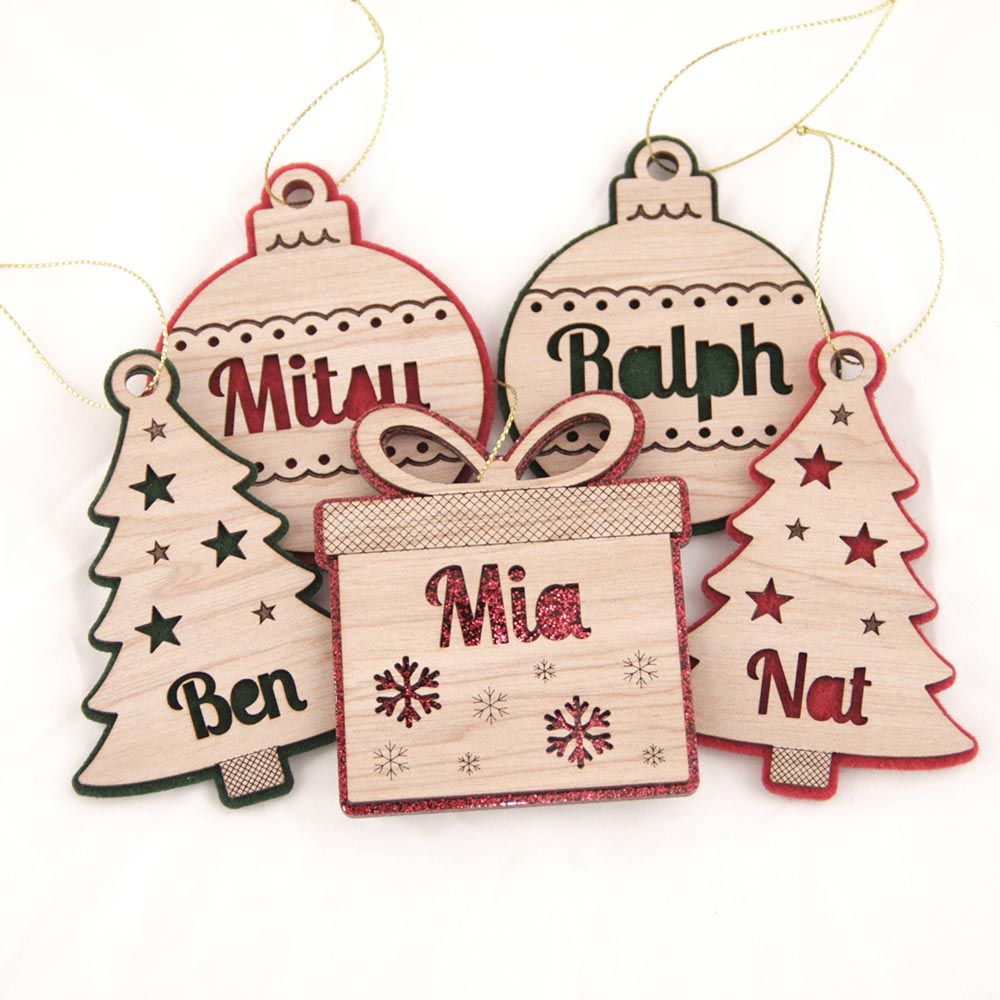 group of ornaments with names