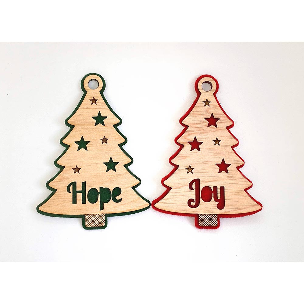 tree shaped ornaments laser cut from wood and felt