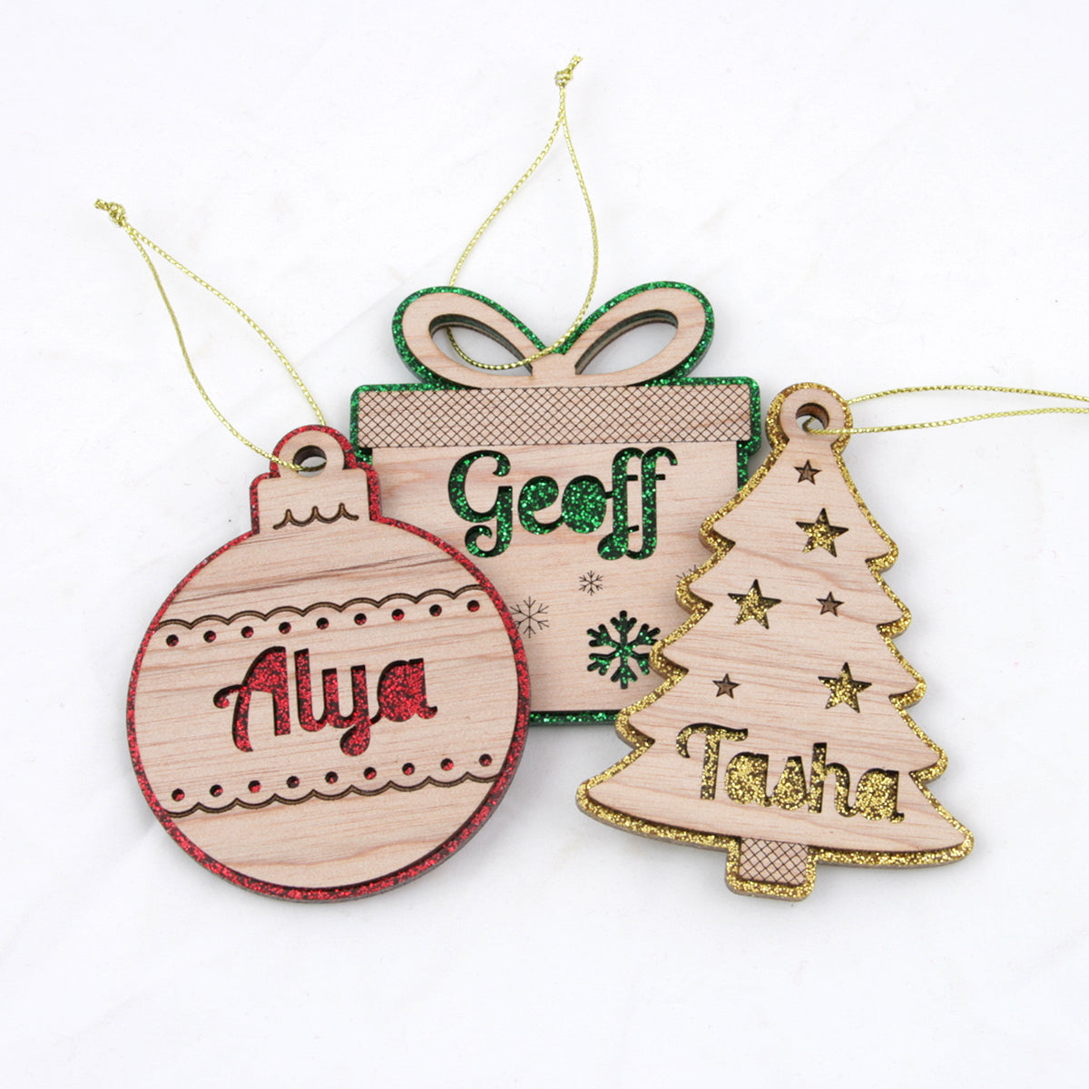 Personalised Glitter and Wood Christmas Ornaments