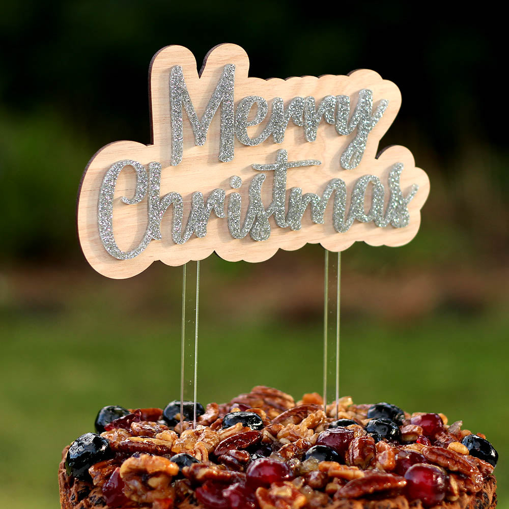 Merry Christmas Cake Topper - acrylic with wood backing