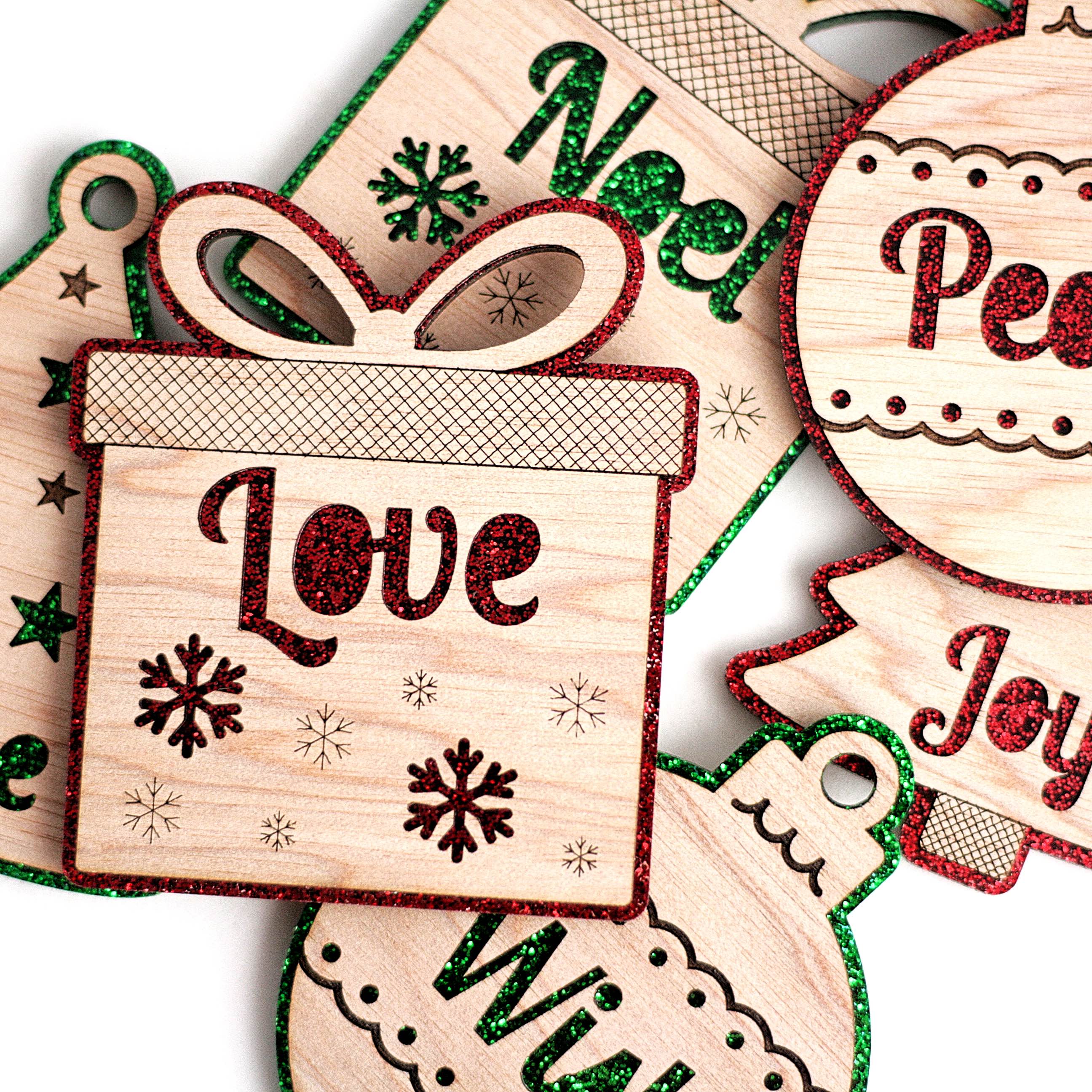 Set of 6 Glitter and Wood Christmas Ornaments